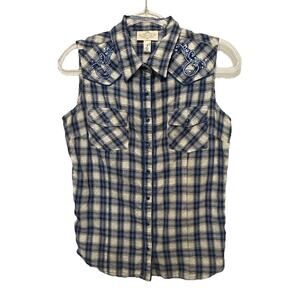 Women's COWGIRL plaid SHIRTBLUE Embroidered SLEEVELESS WESTERN SHIRT Cowgirl S